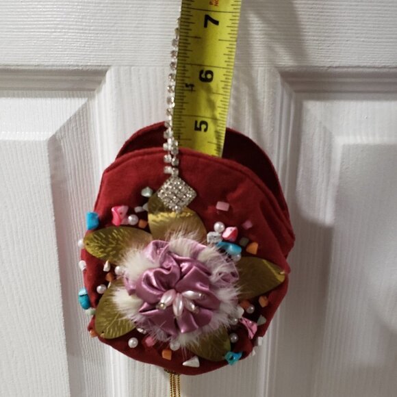 Brown Coin Purse with Pink Satin Flower, Gems & Gold Leaf – Statement Mini Bag - Picture 11 of 12